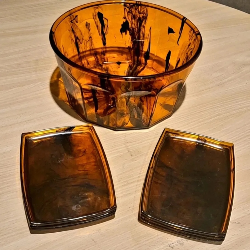MCM Vtg Lucite Faux Tortoise Shell Snack Bowl w (6) Snack Plates